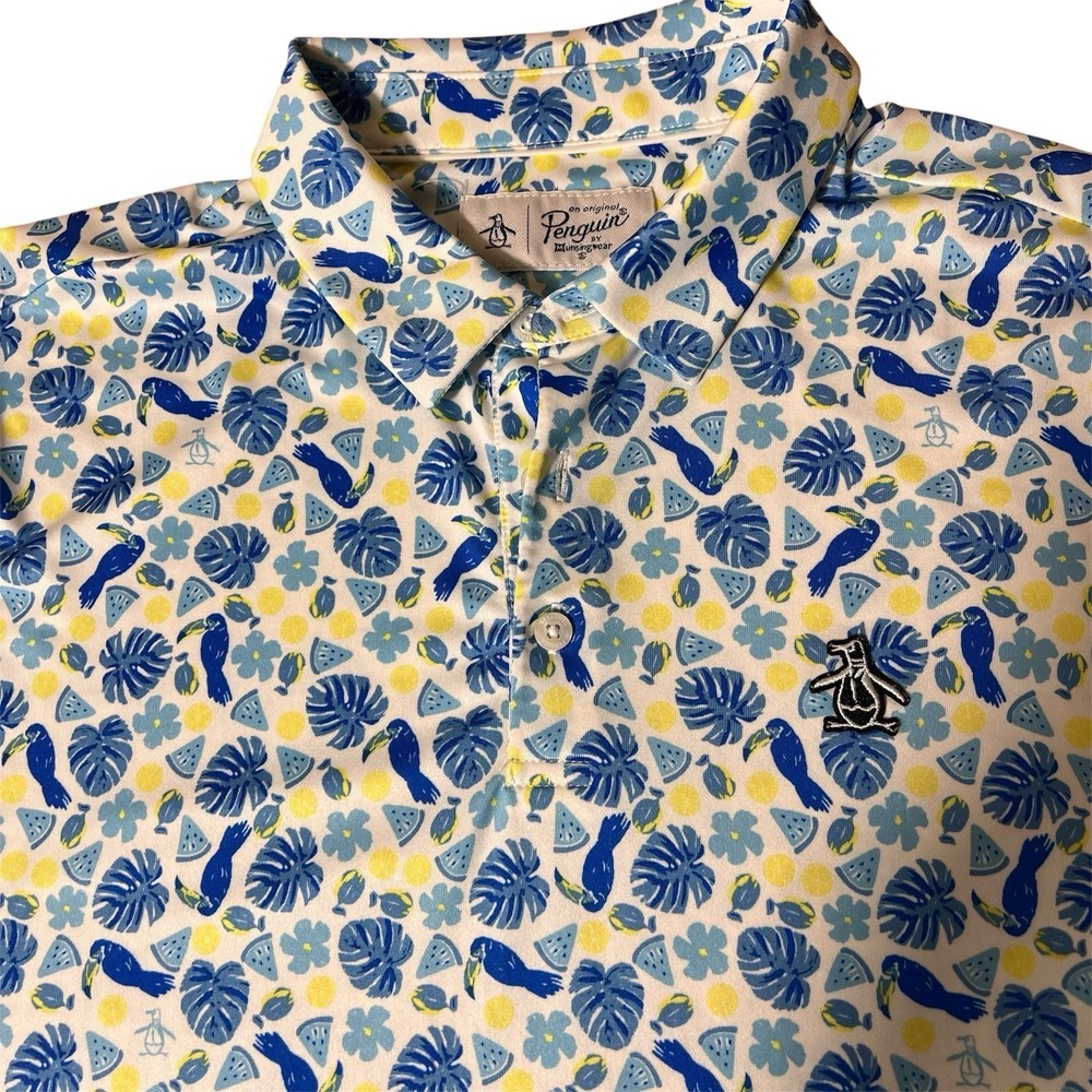 Original Penguin Polo Men's Medium Blue Hawaiin Palm Tree Print Casual Shirt